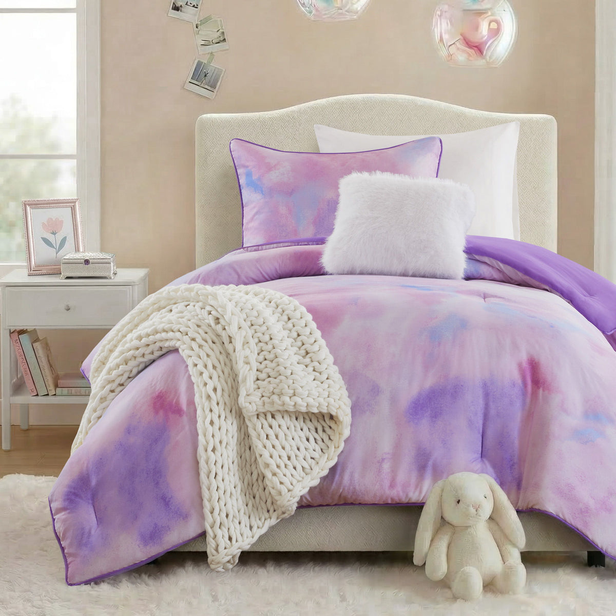 Cassiopeia - Twin/Twin XL Watercolor Tie Dye Printed Comforter Set With Throw Pillow - Purple
