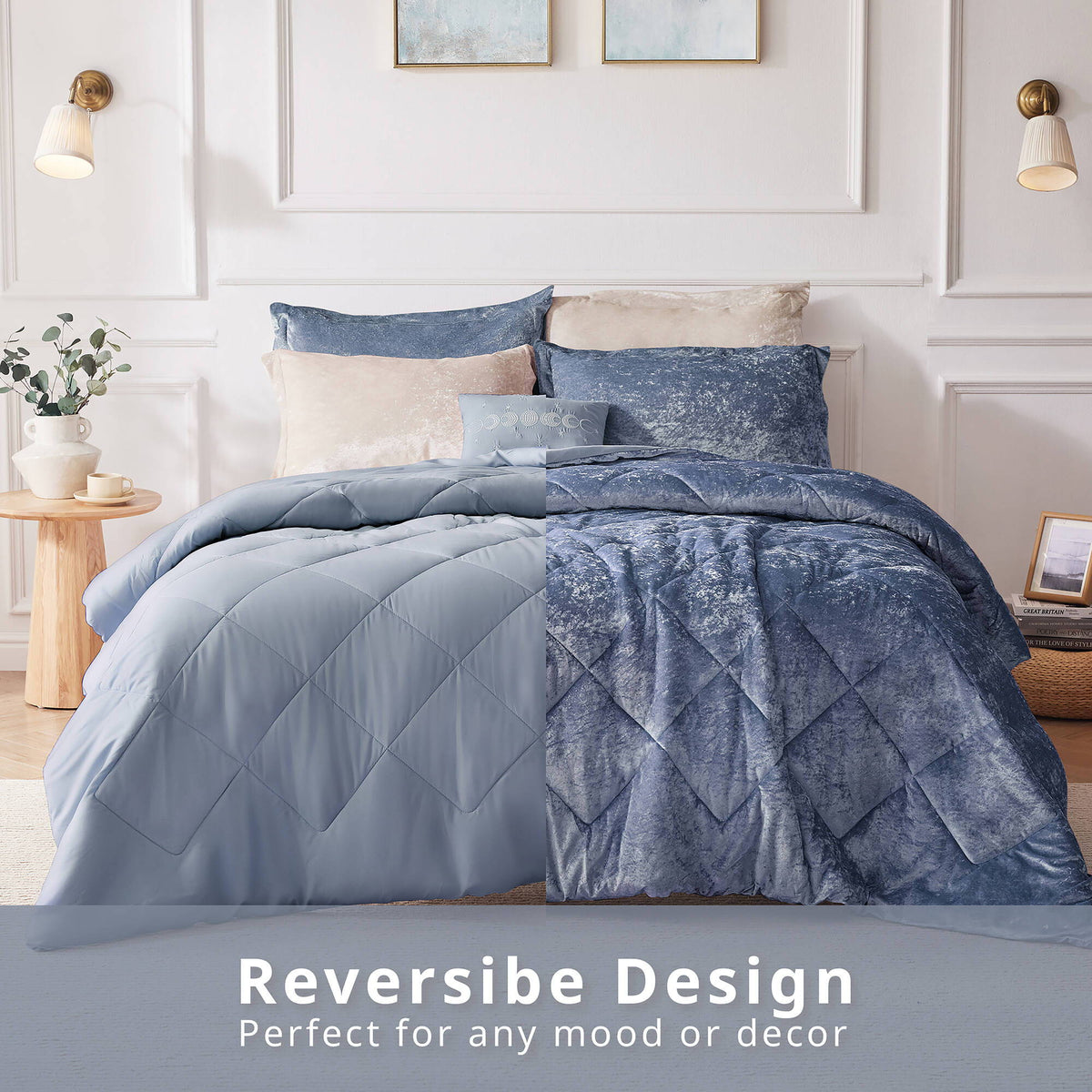 Felicia - Velvet King Comforter Set With Throw Pillow - Blue