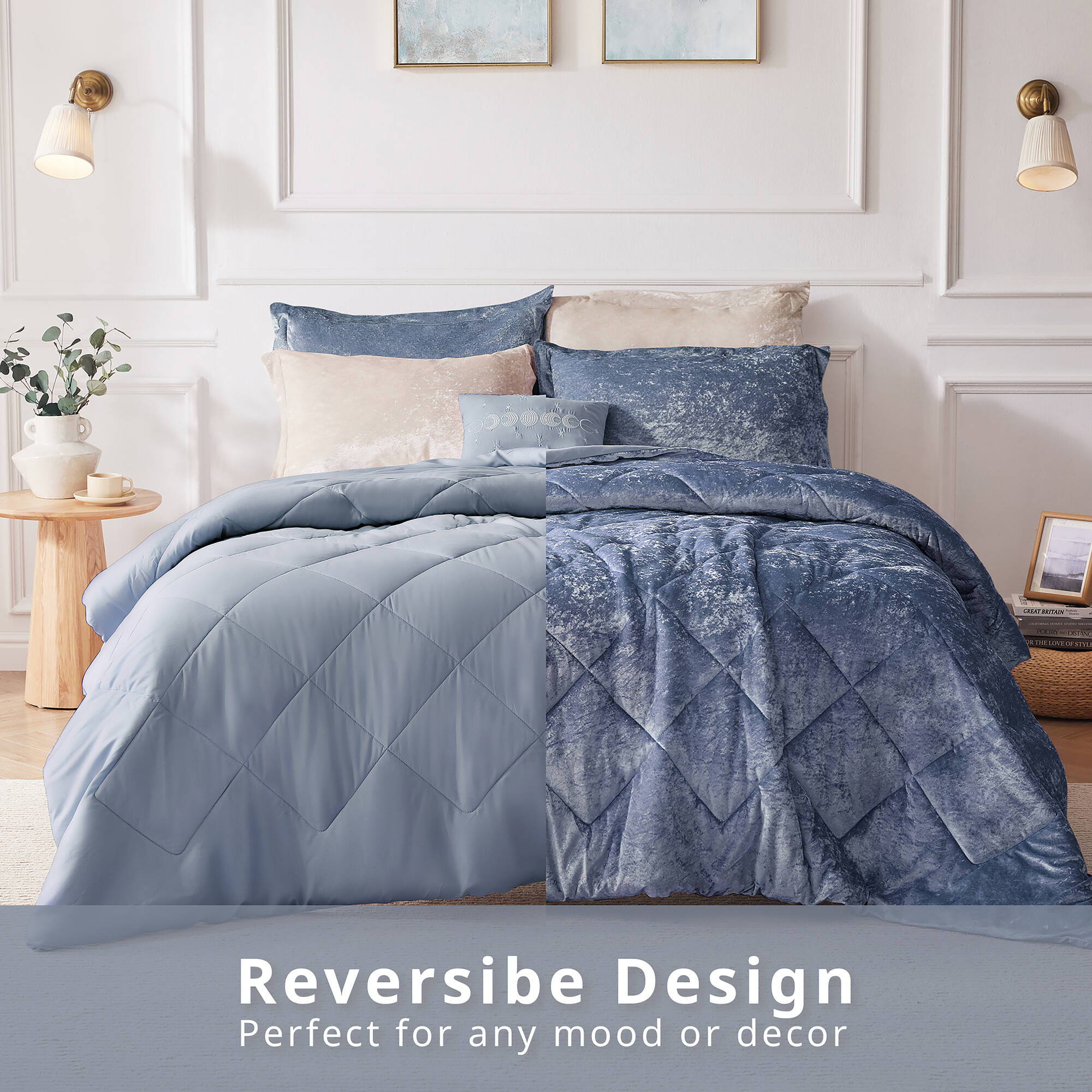 Felicia - Velvet Twin Comforter Set With Throw Pillow - Blue