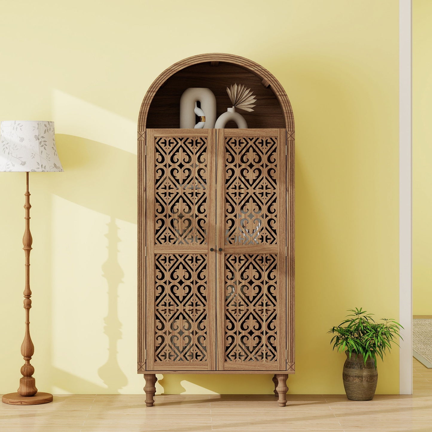 Tall Kitchen Pantry Cabinet With Hollow Carved Doors Adjustable Shelves Versatile Storage Cabinet For Kitchen - Walnut