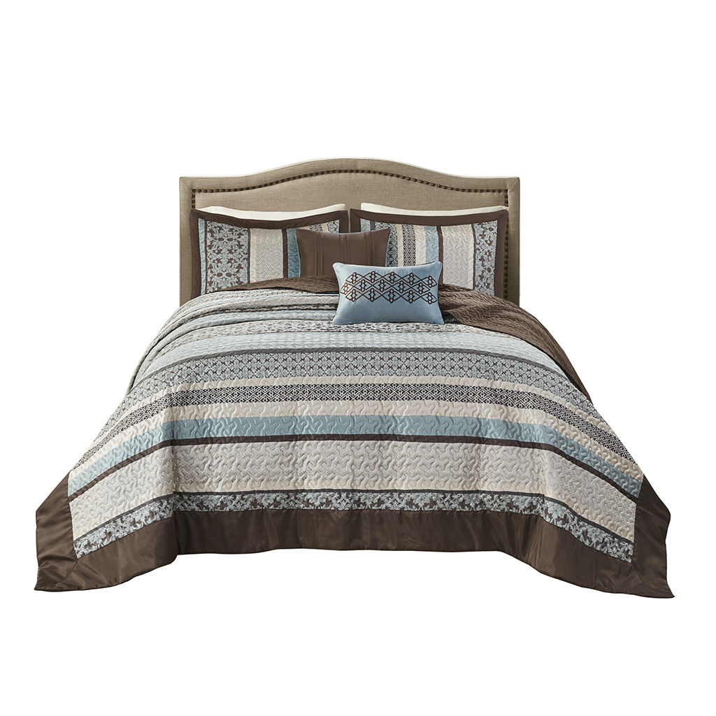 Princeton - 5 Piece Reversible Jacquard Bedspread Set - Light Blue