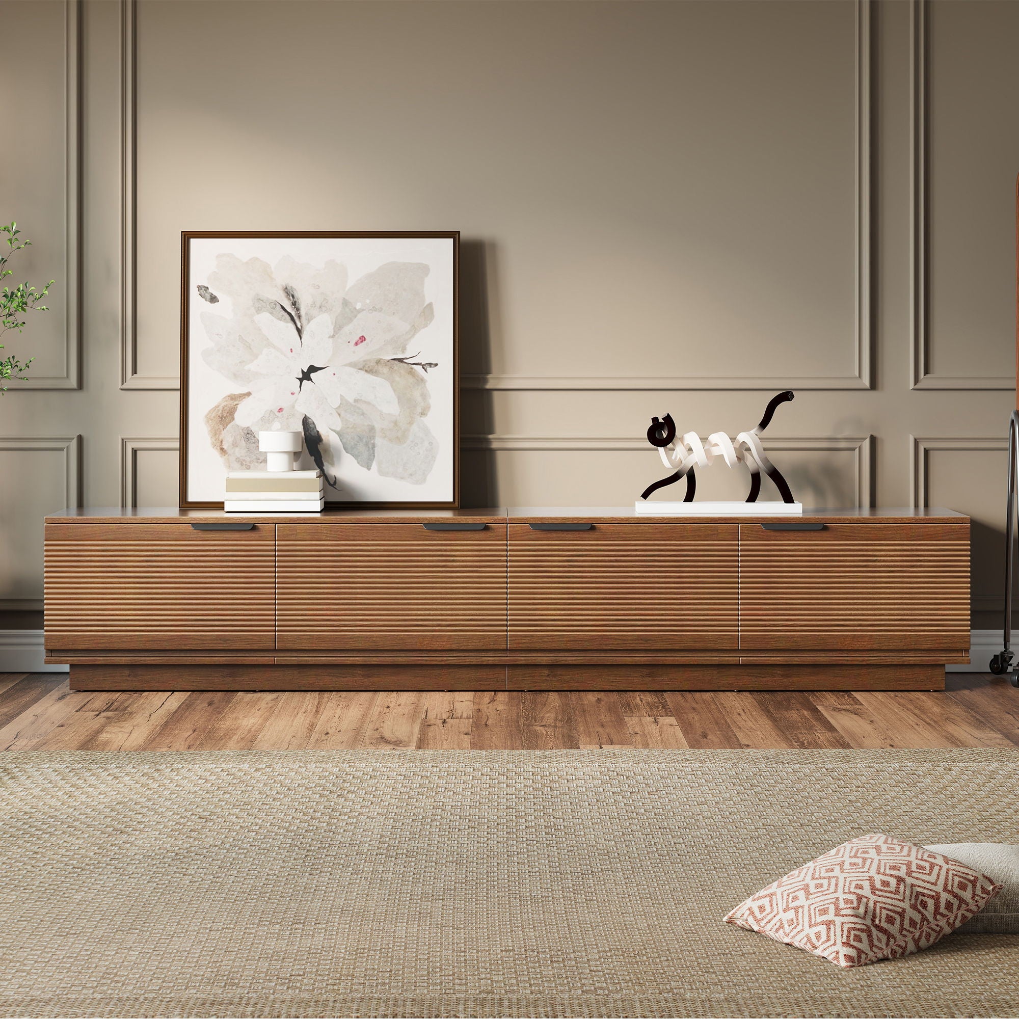 TV Stand, Entertainment Center With Fluted Door & Cable Management, Soft Closing Hinges - Walnut