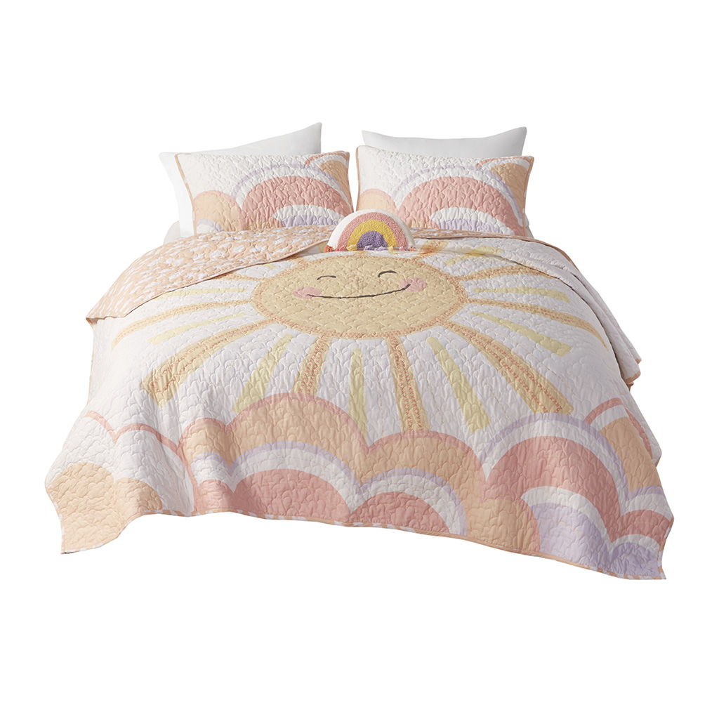 Dawn - Sunshine Printed Reversible Coverlet Set - Yellow / Coral