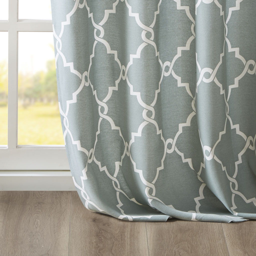 Saratoga - 95" Fretwork Print Grommet Top Window Curtain - Seafoam