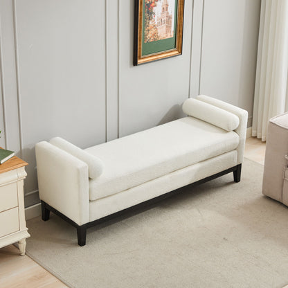 Elegant Upholstered Bench, Daybed, Ottoman With Wood Legs & Bolster Pillows - Ivory Boucle