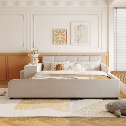 Upholstered Grounded Bed, With Bedside Desk And Little Round Stool