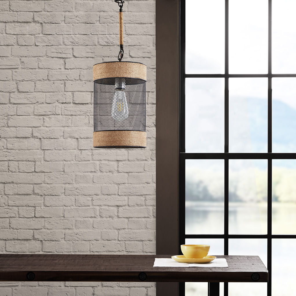 Orion - Natural Rope and Metal Mesh Cylinder Pendant - Natural / Black
