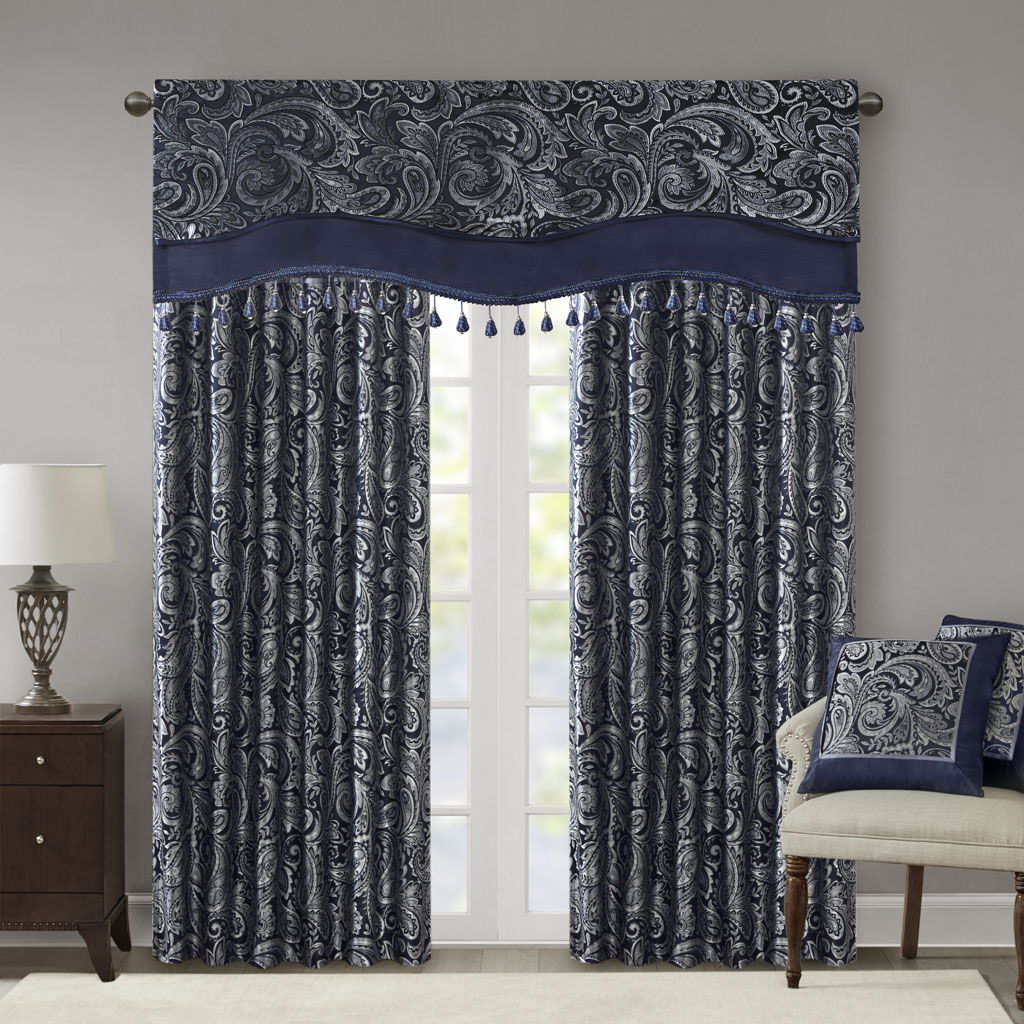 Aubrey - Window Rod Pocket Valance With Beads - Navy