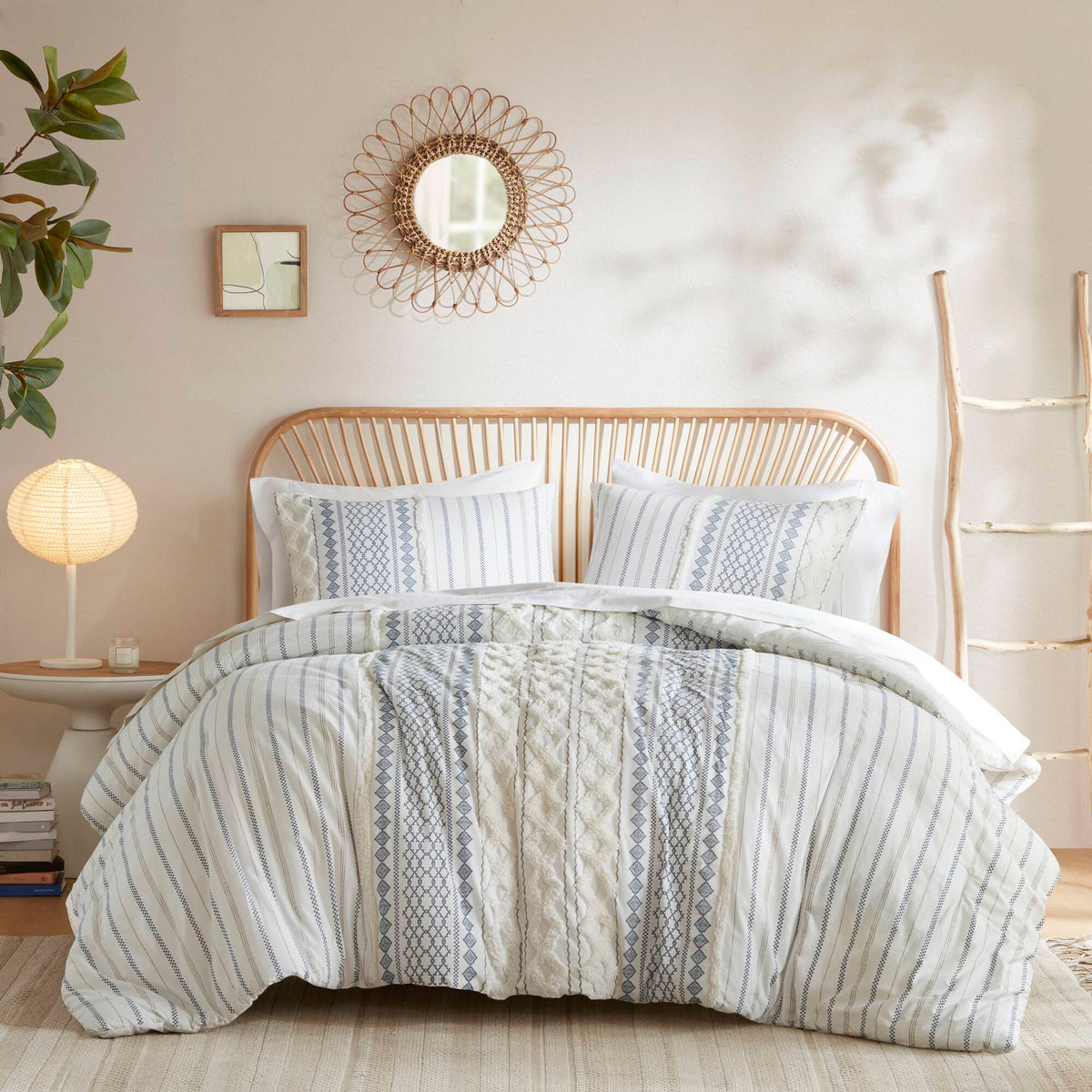 Imani - Cotton Printed Comforter Set With Chenille - White