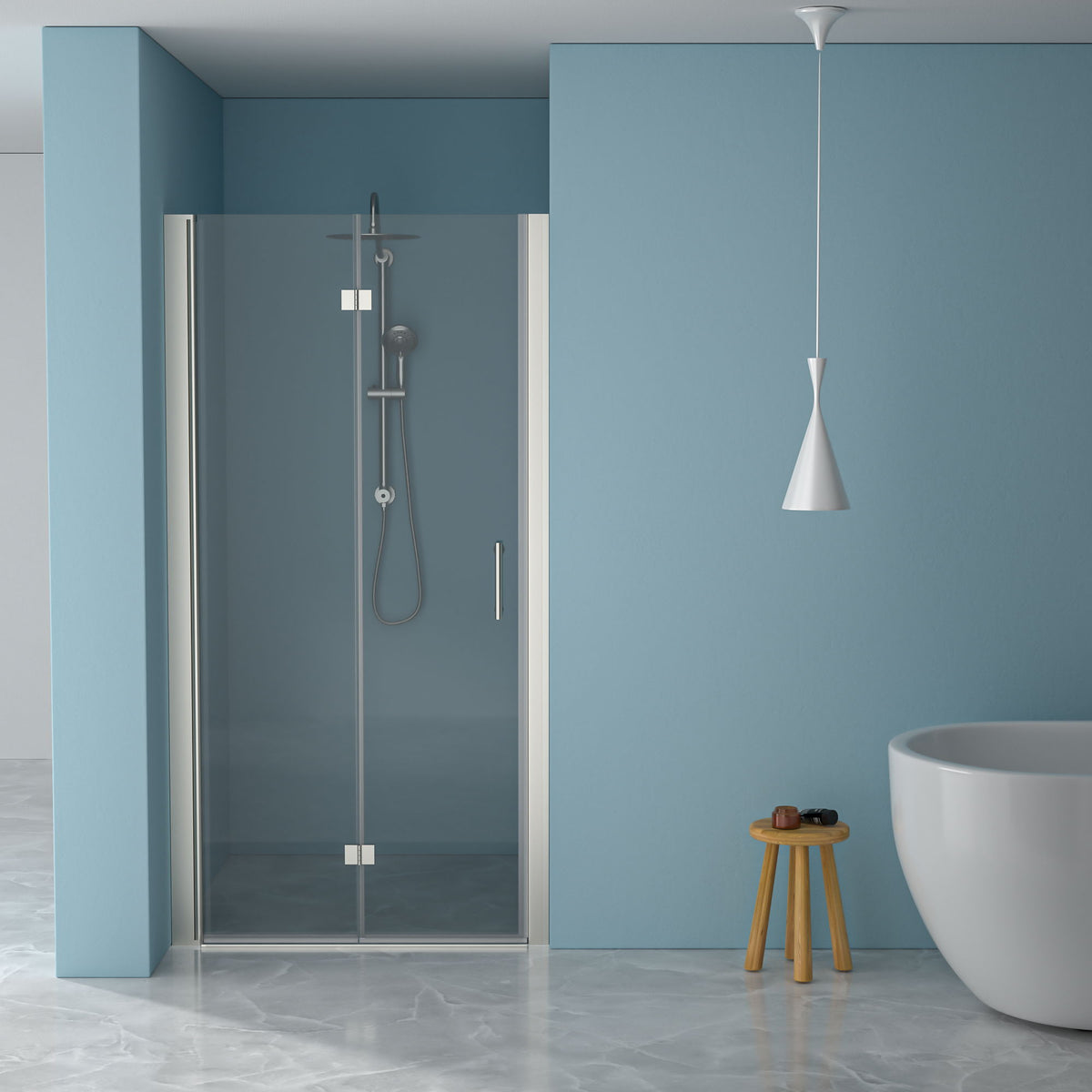 Fold Frameless Shower Door With Tempered Glass - Brushed Silver