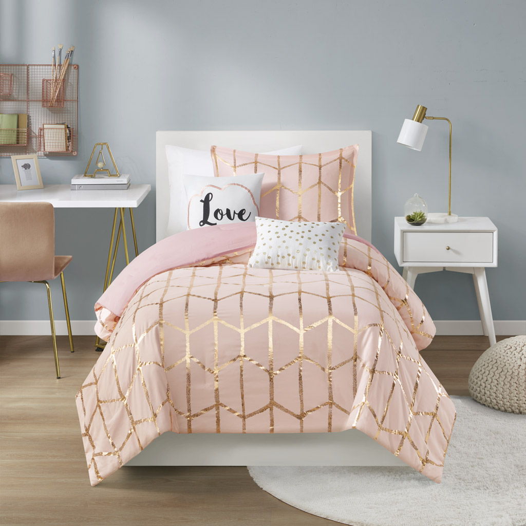 Raina - Twin Metallic Printed Comforter Set - Blush / Gold