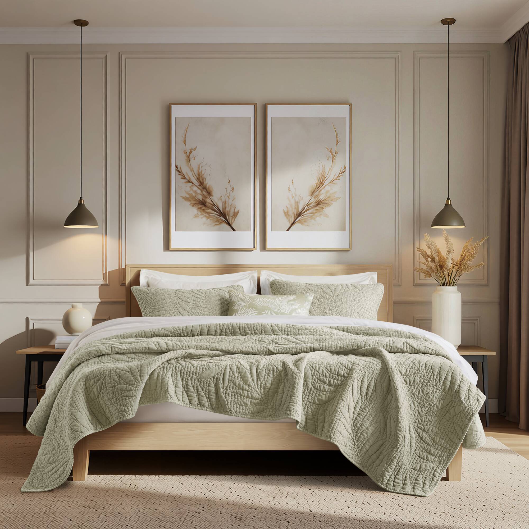 Botanical Leaves - 3 Piece Full/Queen Quilt Set - Sage