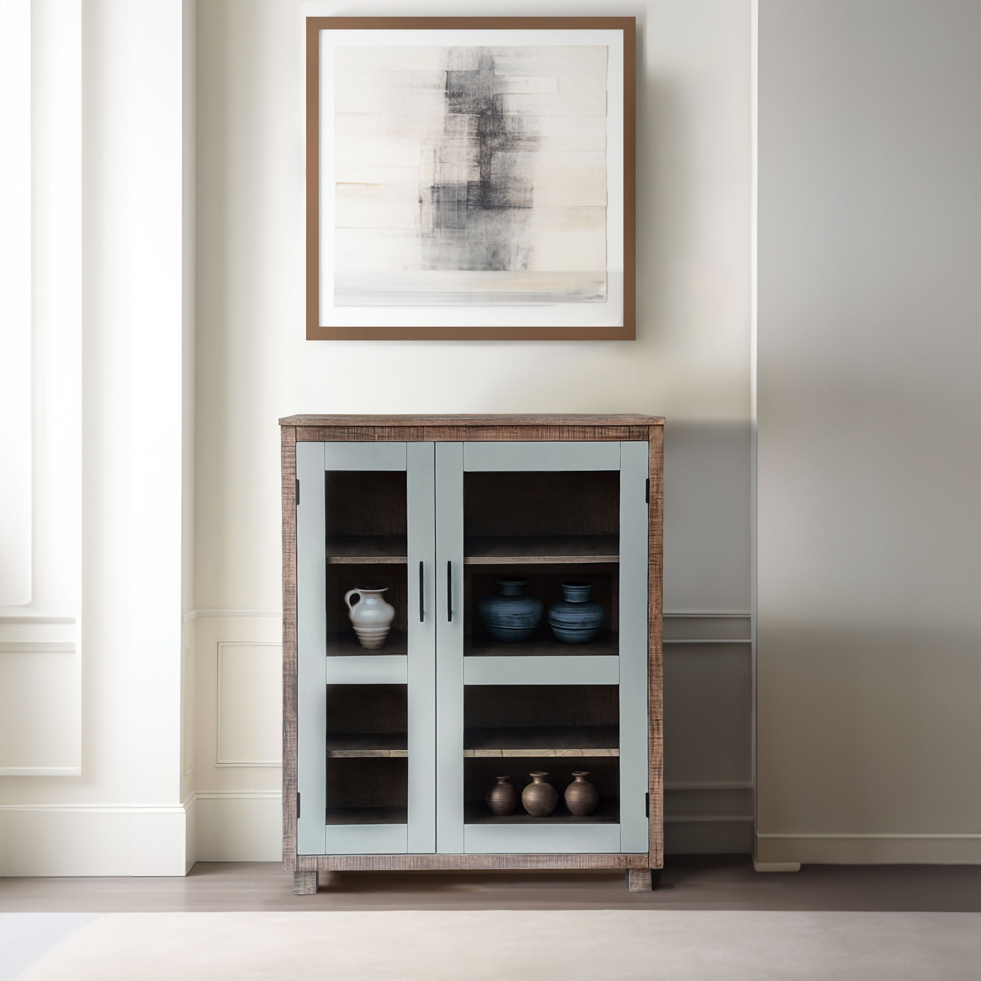 Serena – Glass Cabinet with Doors, Pewter Finish – Brown / Taupe