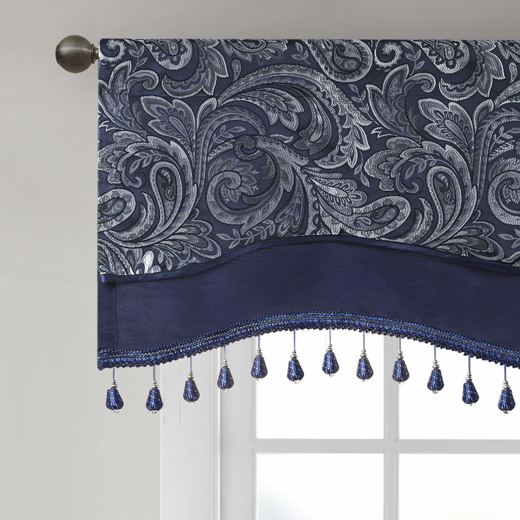 Aubrey - Window Rod Pocket Valance With Beads - Navy