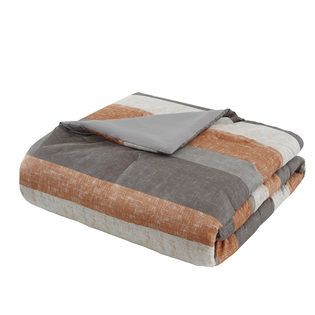 Jaxon - 7 Piece Full Stripe Comforter Set With Bed Sheets - Coral / Gray