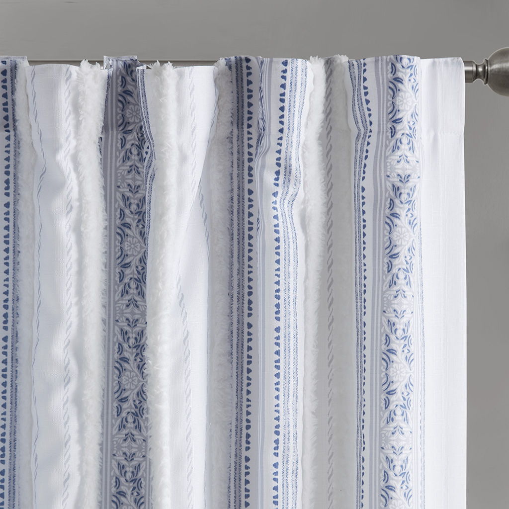 Veronica - 50x84" Poly Printed Curtain Panel With Tufted Stripe And Lining - White / Navy
