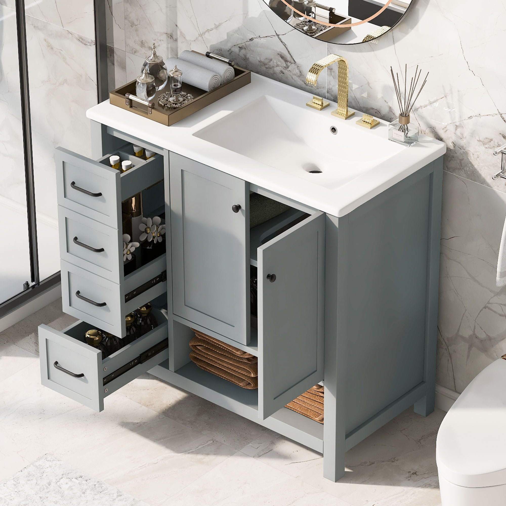 Bathroom Vanity With Sink Top, Bathroom Vanity Cabinet With 2 Doors And 2 Drawers, Open Shelf