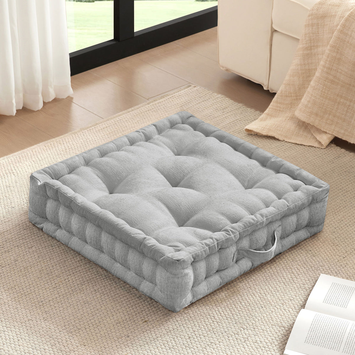 Azza - Poly Chenille Square Floor Pillow Cushion - Gray