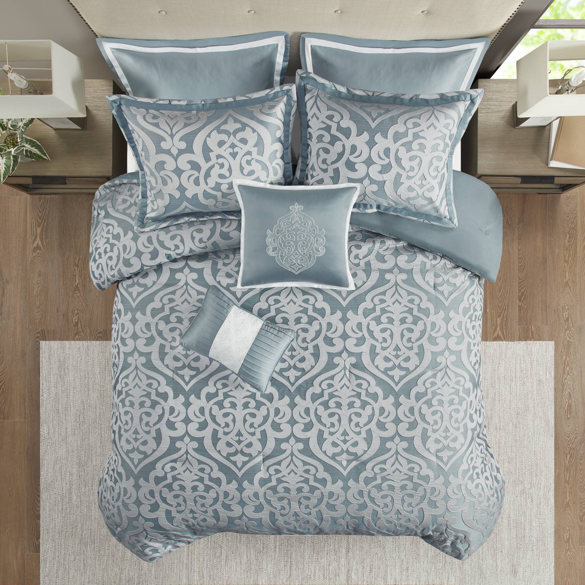 Odette - 8 Piece Jacquard Comforter Set - Aqua