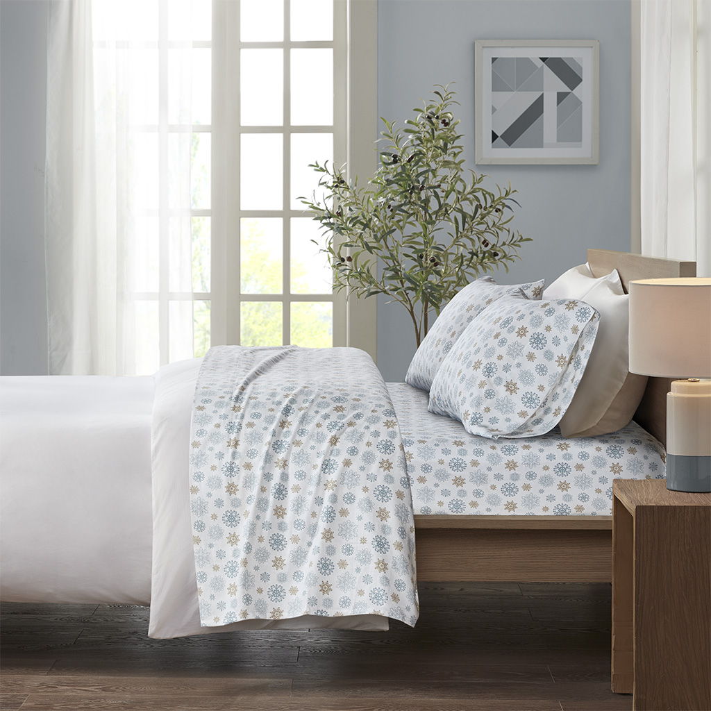 Cozy Cotton Flannel - Twin Sheet Set - Tan / Blue Snowflakes