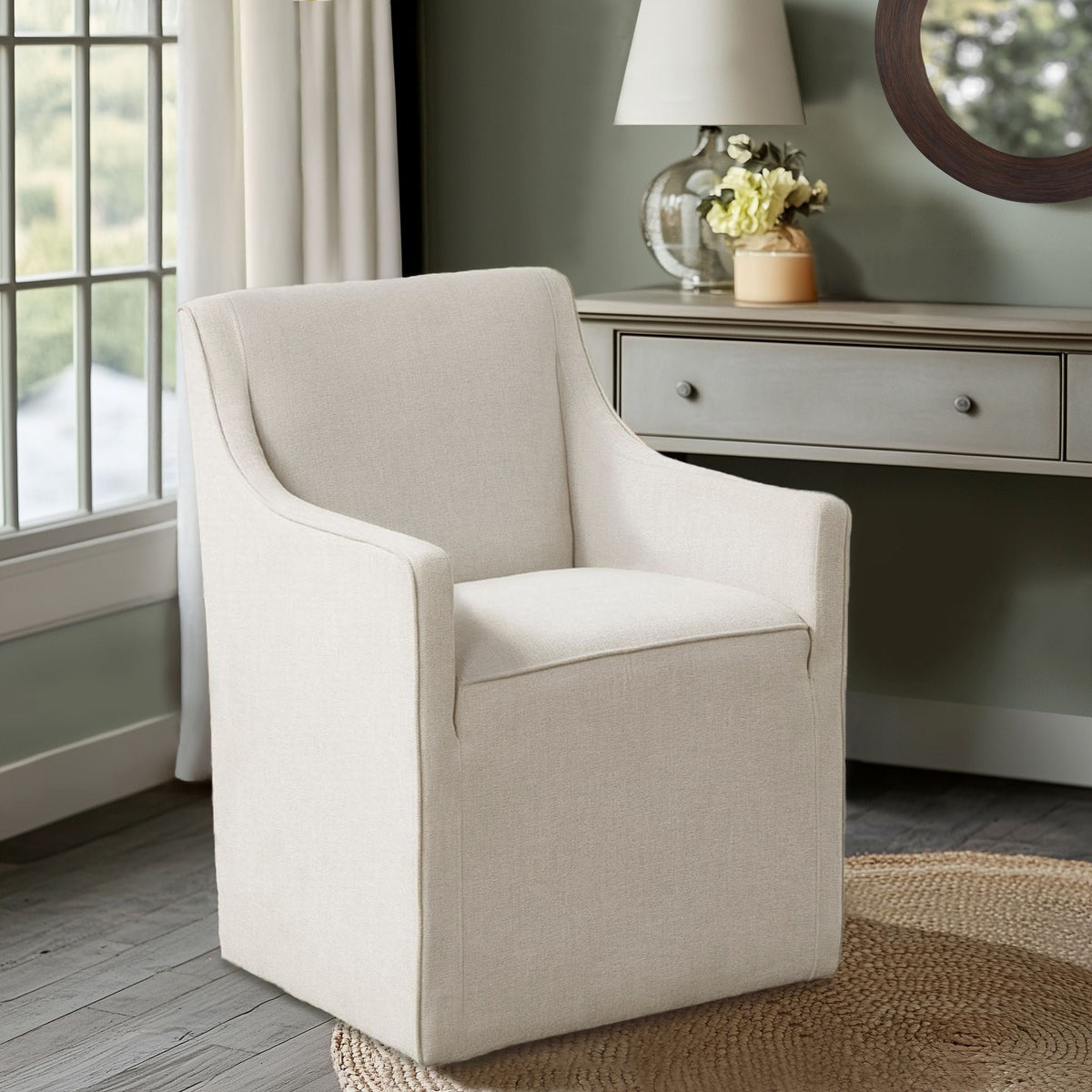 Charlotte - Slipcover Dining Arm Chair With Casters - Cream
