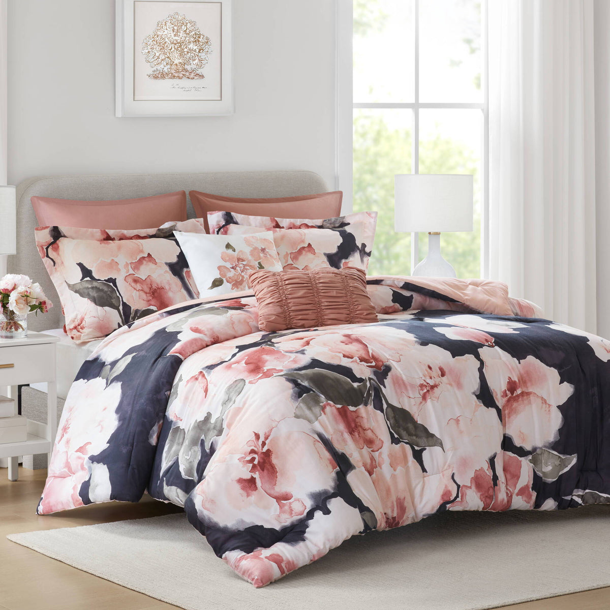 Shanti - 7 Piece California King Printed Comforter Set - Blush