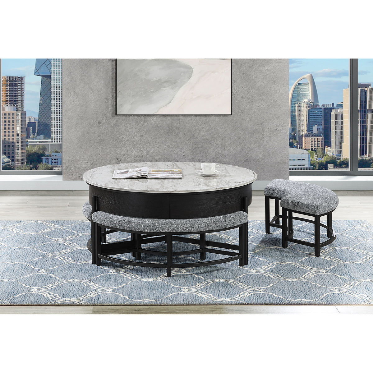Rounded Storage Coffee Table With 3 Stools
