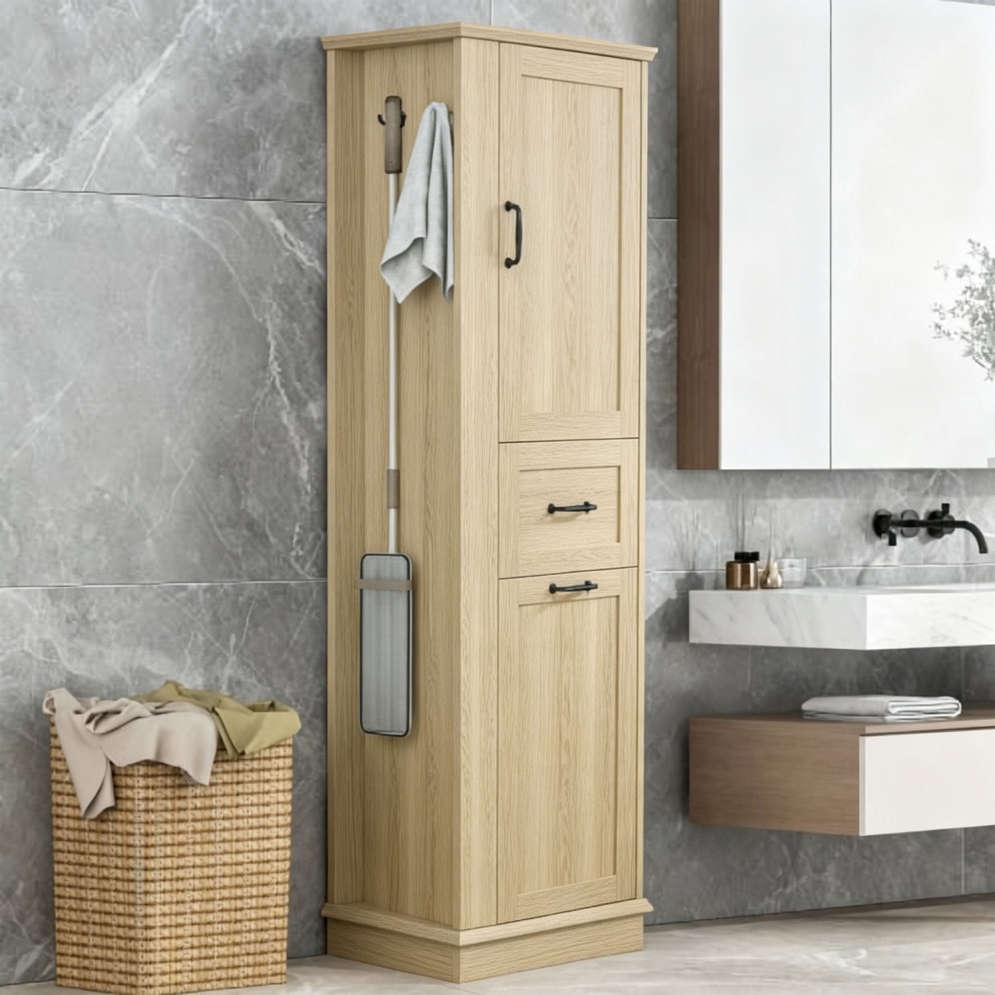Modern Tall Storage Cabinet With Tilt-Out Compartment, Adjustable Shelves