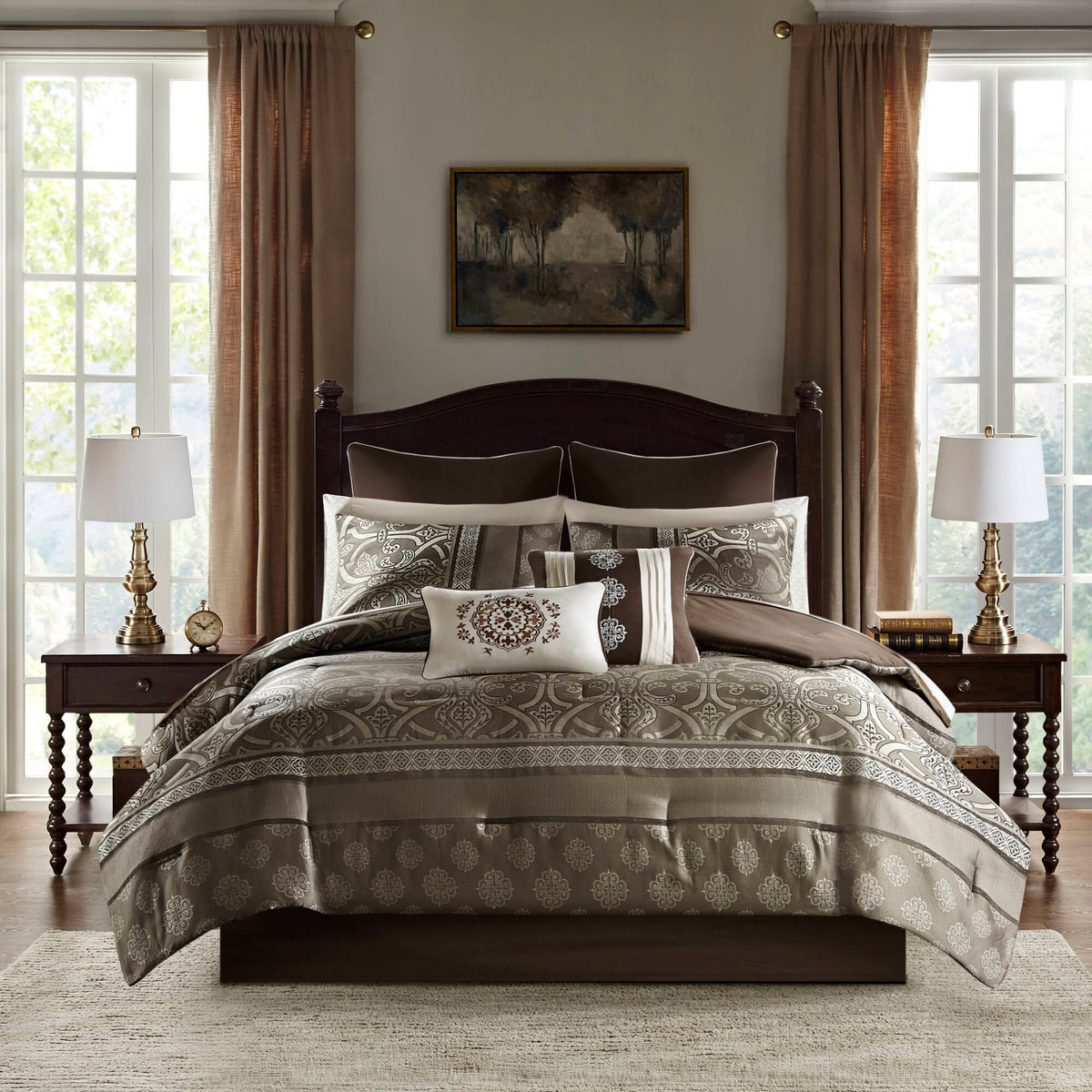 Zara - California King 16 Piece Complete Bedding Set With 2 Sheet Sets - Brown