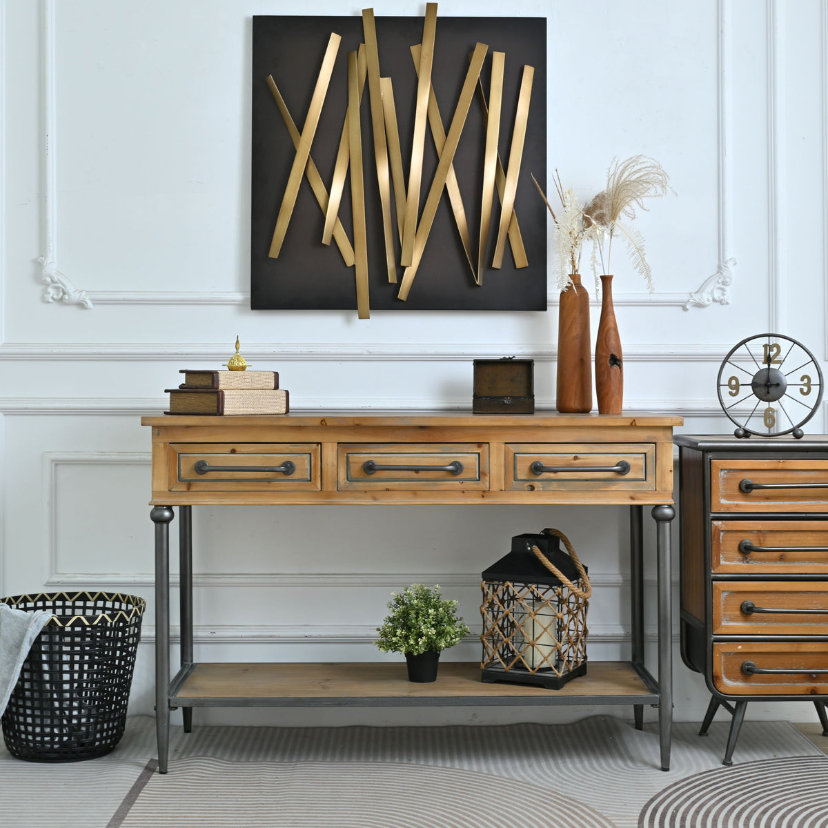 Accent Storage Console Table With Open Shelf And 3 Drawers For Living Room - Natural Wood / Brown