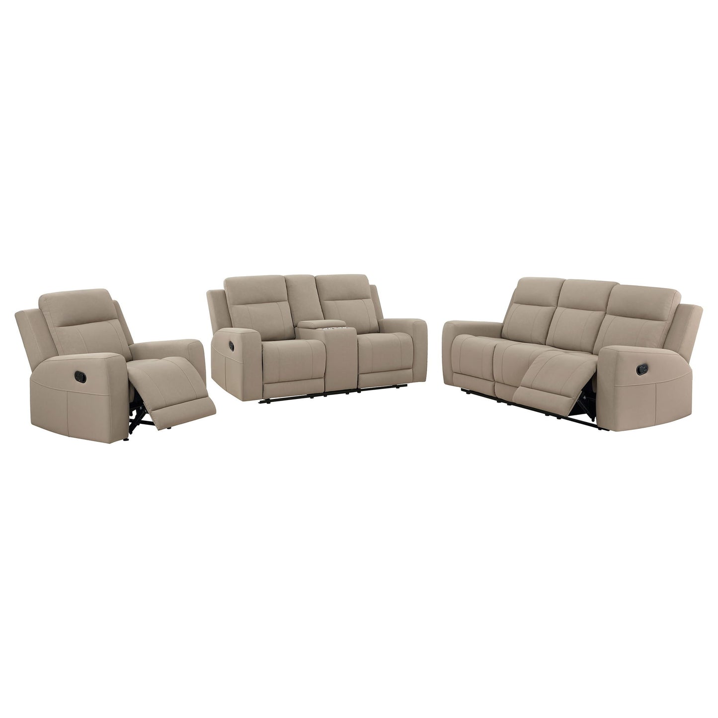 Slater - 3 Piece Upholstered Reclining Sofa Set And Built In Storage - Taupe