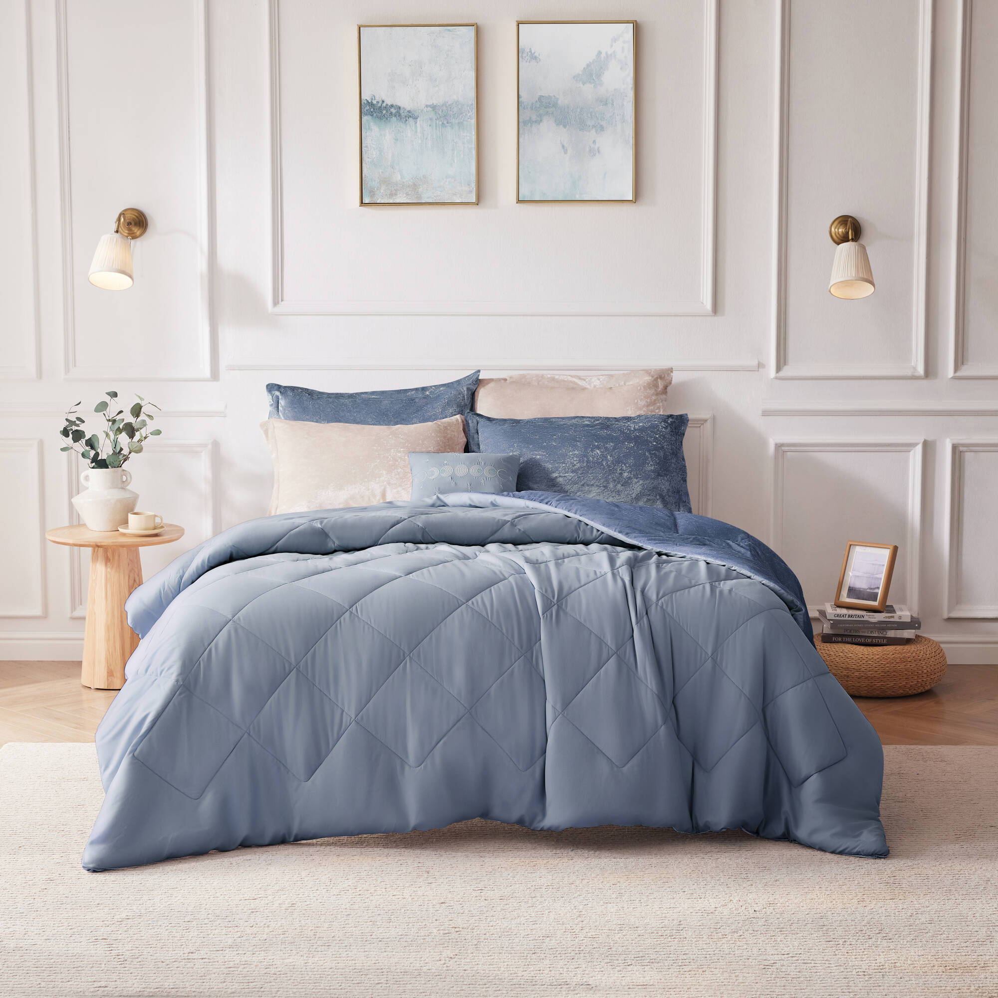 Felicia - Velvet Queen Duvet Cover Set With Throw Pillow - Blue