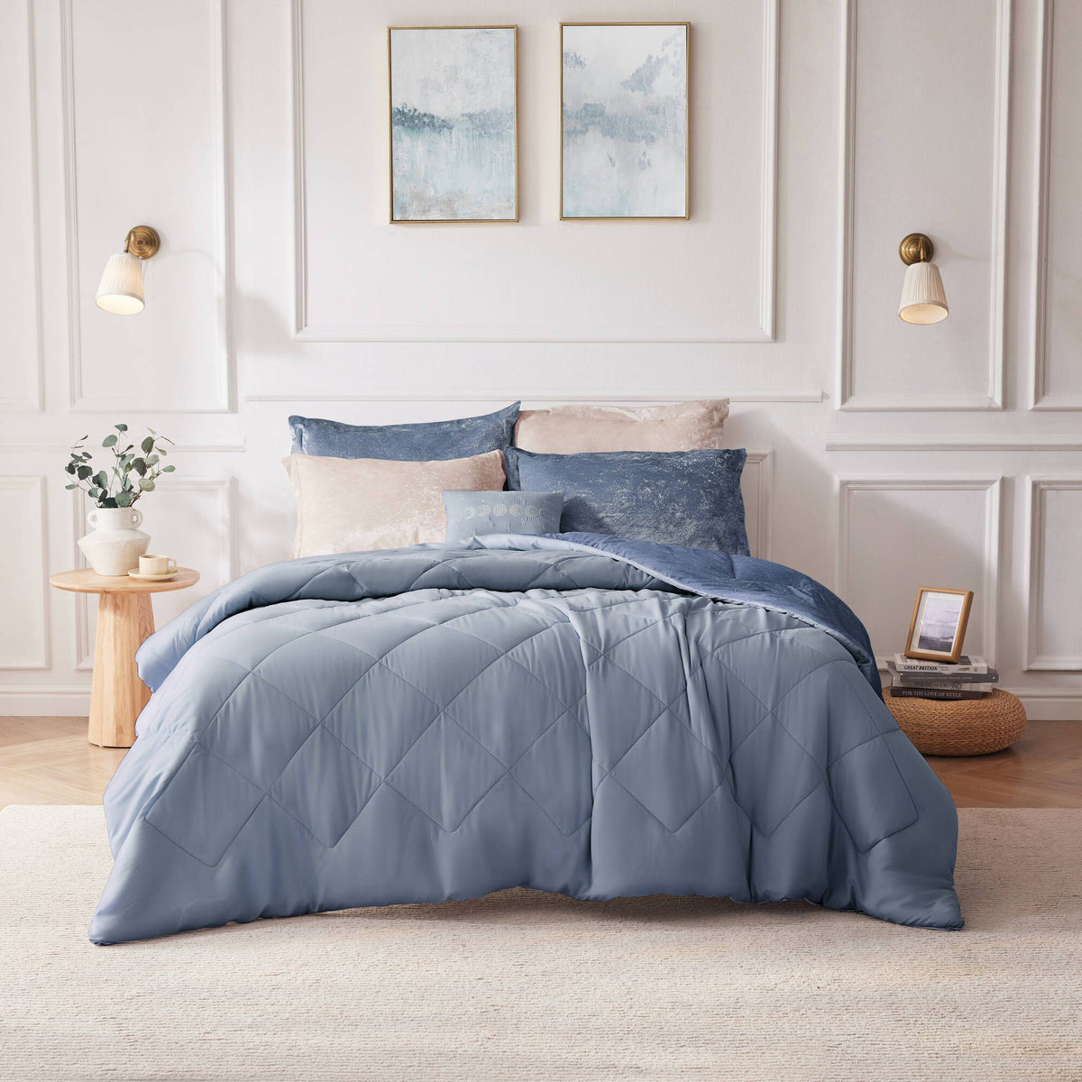 Felicia - Velvet Twin Duvet Cover Set With Throw Pillow - Blue