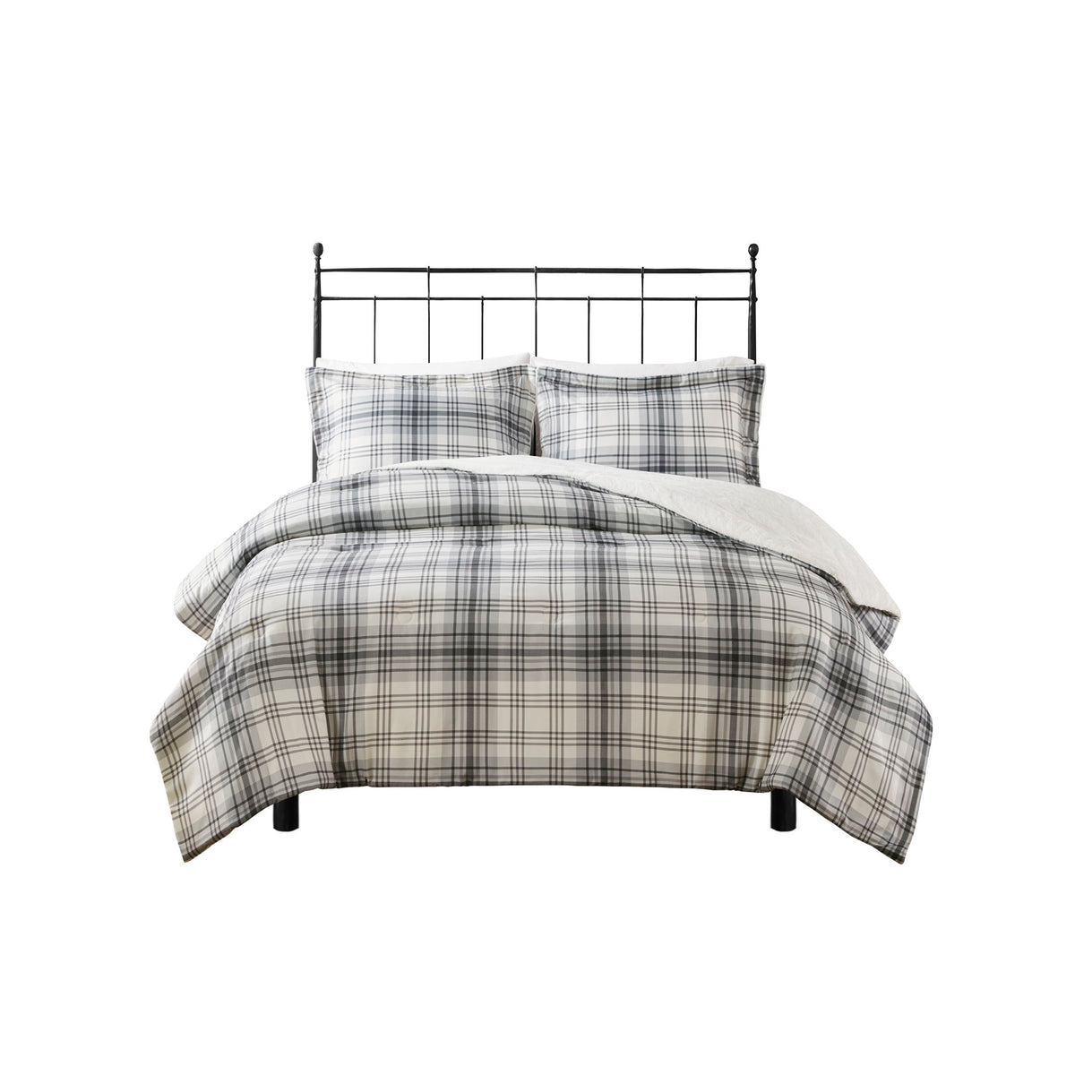Bernston - Faux Wool to Faux Fur Down Alternative Comforter Set - Gray Plaid