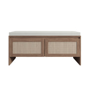 Storage Bench With Cushion, Shoe Cabinet With 2 Doors - Antique Natural / Rattan