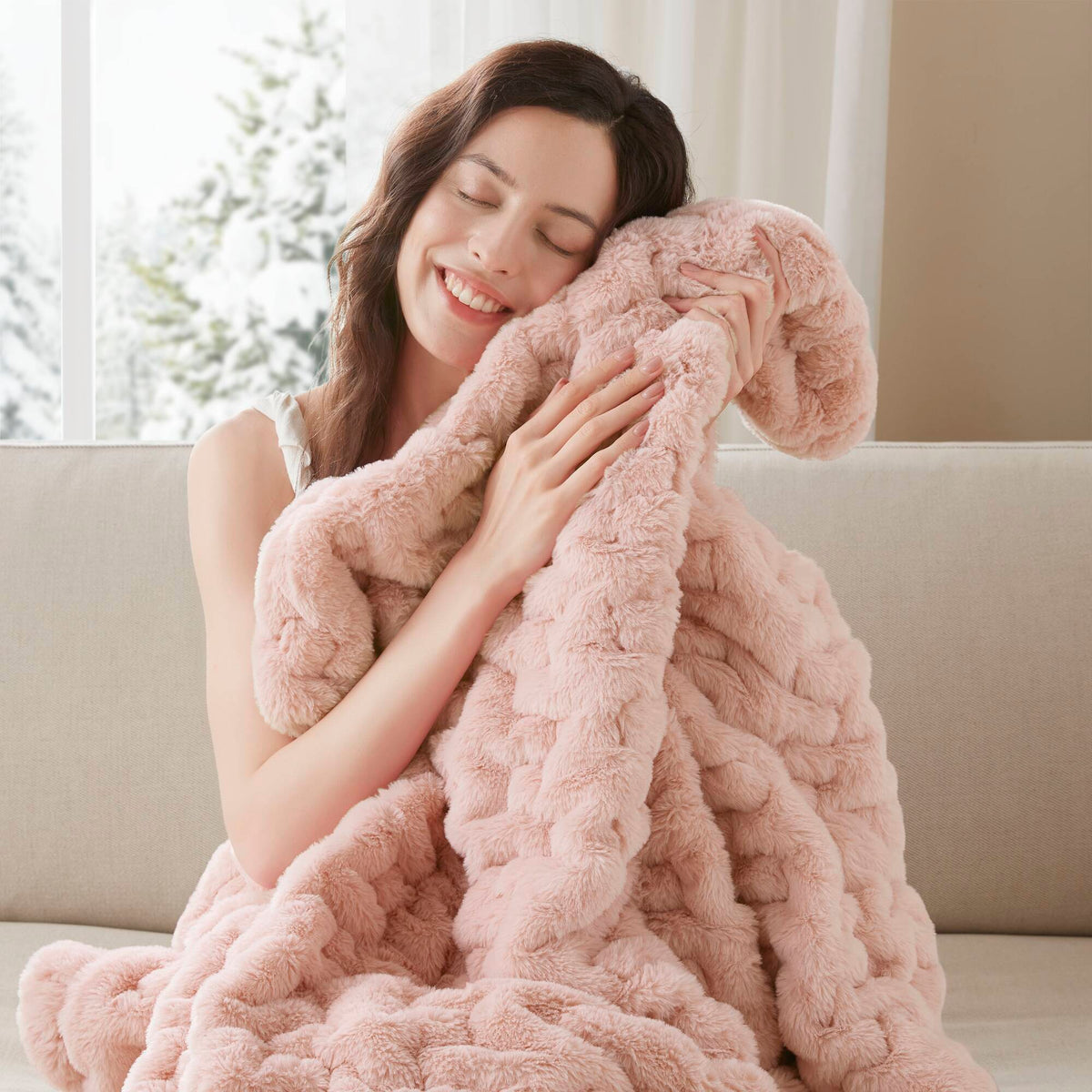 Ruched Fur - Ruched Throw - Blush