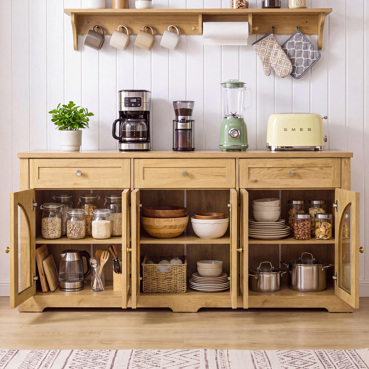 Sideboard Cabinet With 3 Drawers And 6 Arched Glass Doors