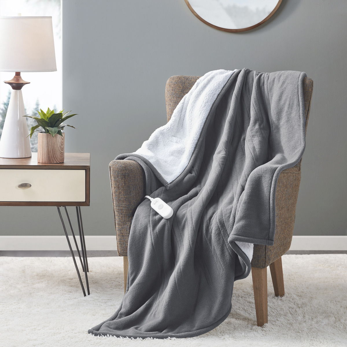 Fleece to Sherpa - Heated Throw Extra Comfort - Dark Gray