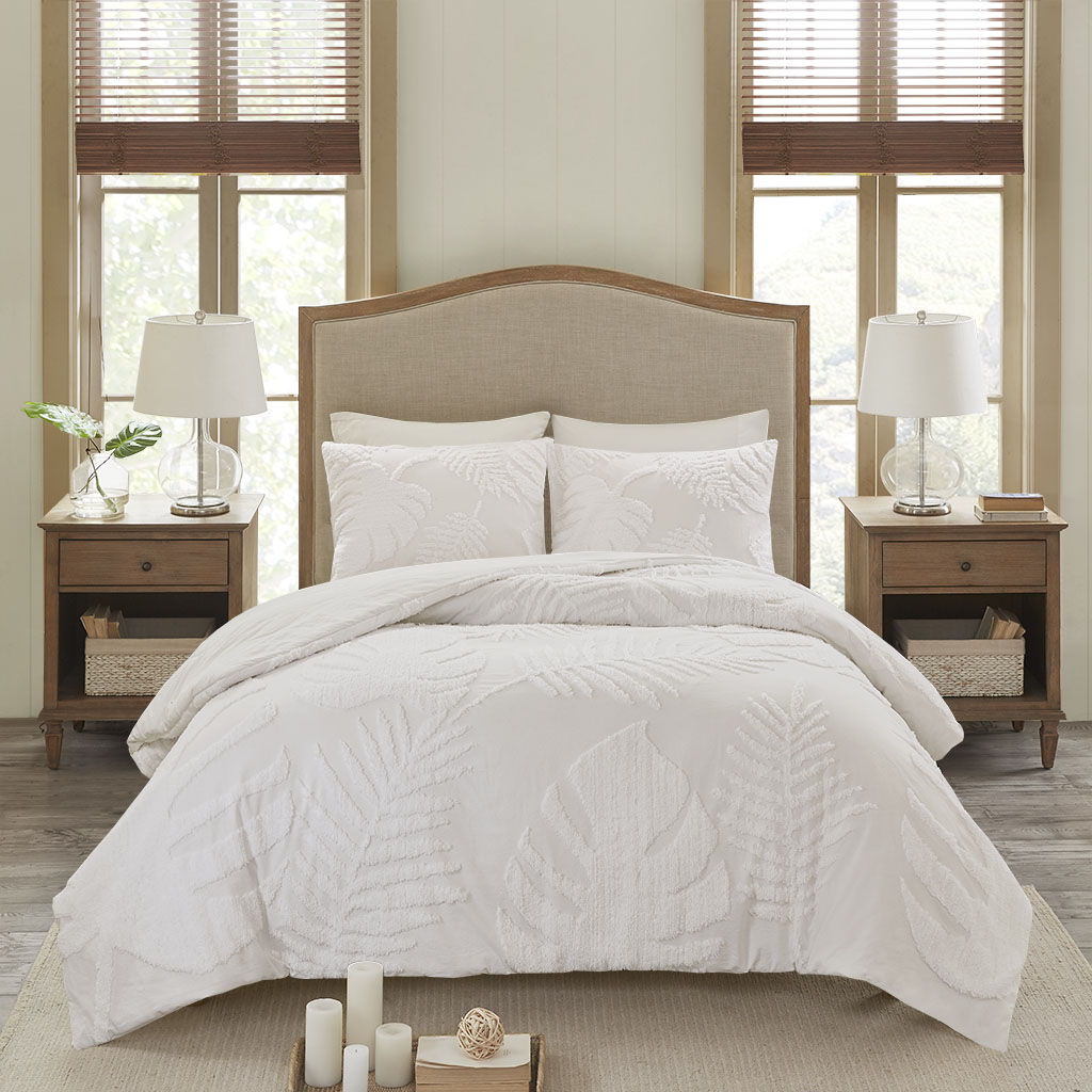 Bahari - King 3 Piece Tufted Palm Duvet Cover Set - Off White