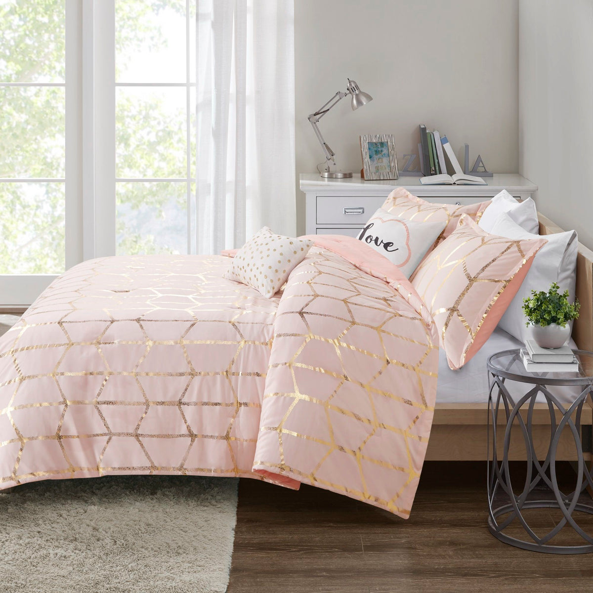 Raina - Queen Brushed Microfiber Printed Comforter Set - Blush / Gold