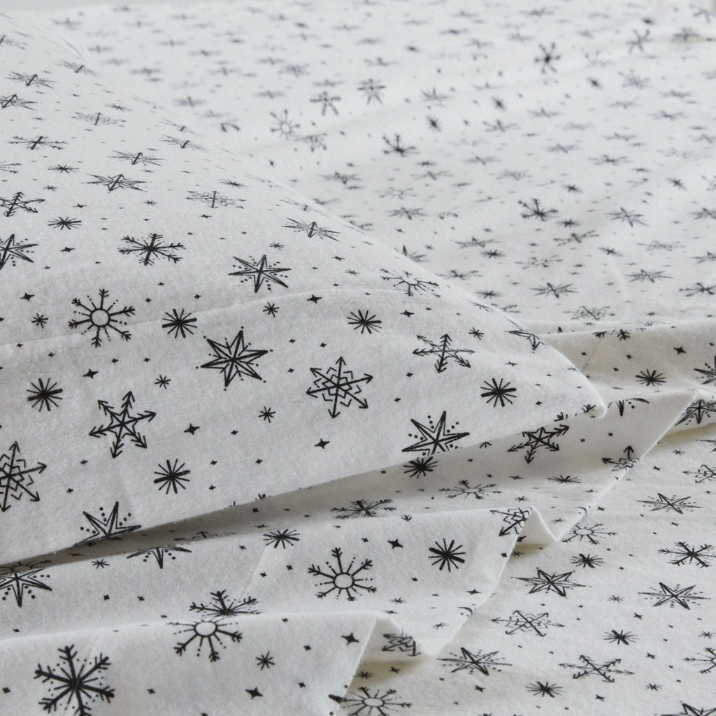 Oversized Flannel - 4 Piece Full Sheet Set - Black Snowflakes