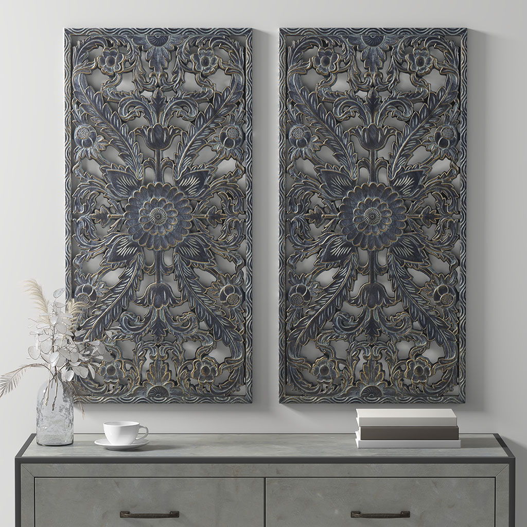 Botanical Panel - Carved Wall Decor (Set of 2) - Antique Blue