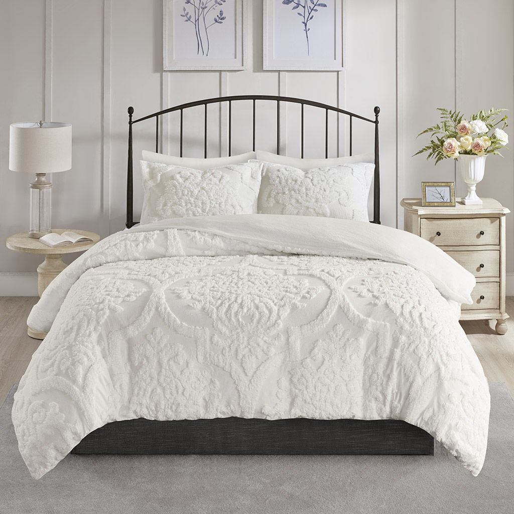 Viola - King 3 Piece Tufted Damask Duvet Cover Set - Off White