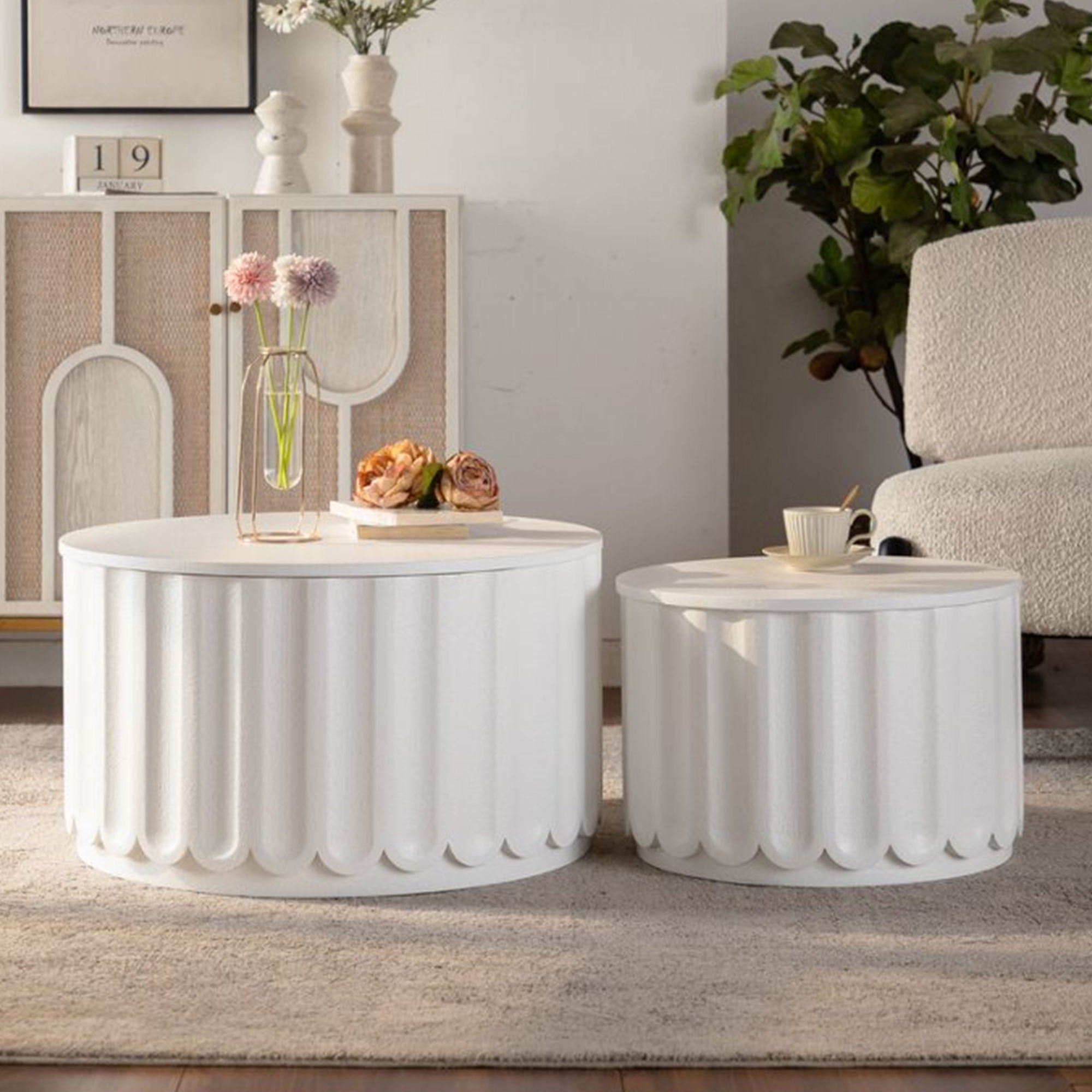 Round Storage Table Set With Lift Off Lid, Nesting Design, Elegant Curved Edge Shape For Living Room - Cream White