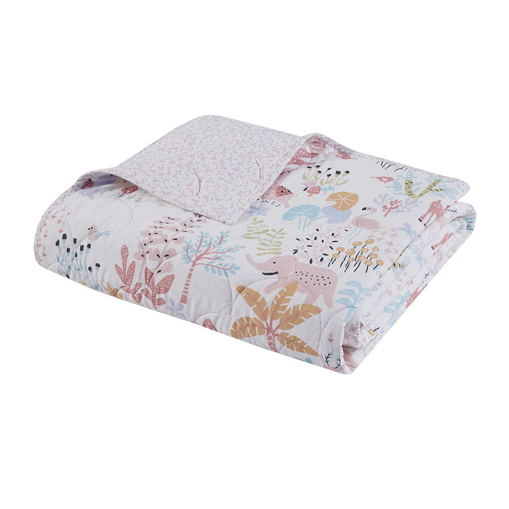Iris - Full Woodland Animals Reversible Cotton Quilt Set - Blush