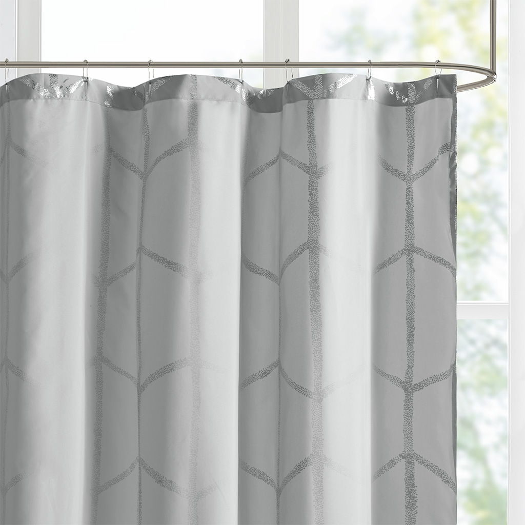 Raina - Printed Metallic Shower Curtain - Gray / Silver