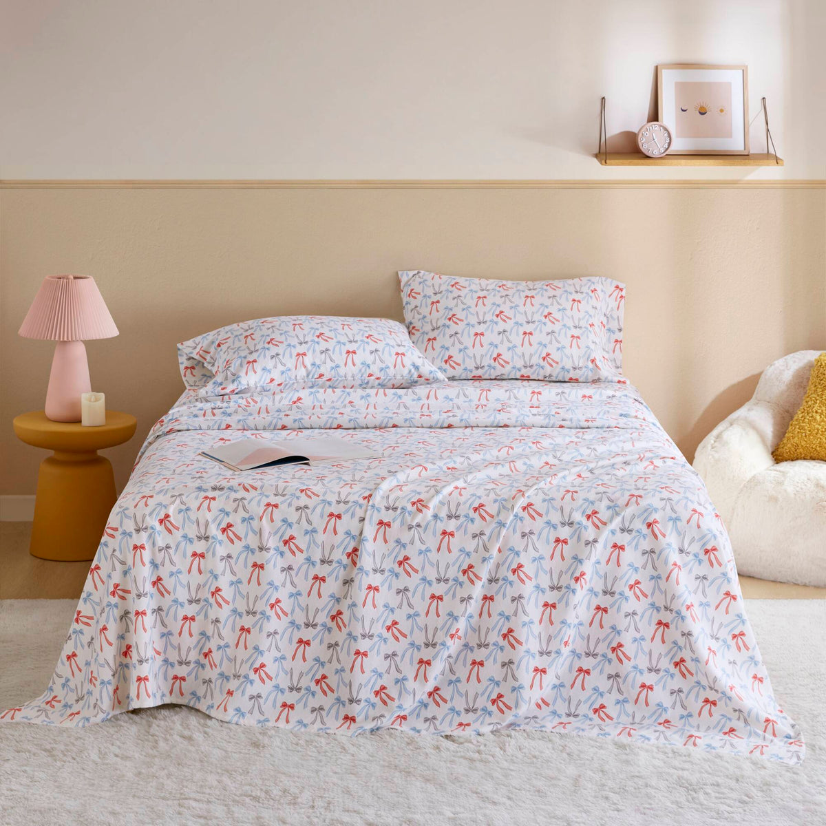 Cozy Soft - Twin 100% Flannel Pigment Printed Sheet Set - Happy Bows