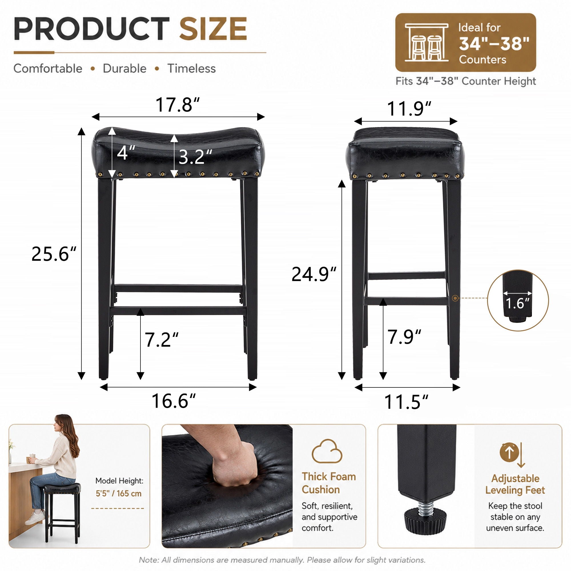Bar Stool With Brass Nailhead Trim (Set of 2) - Black