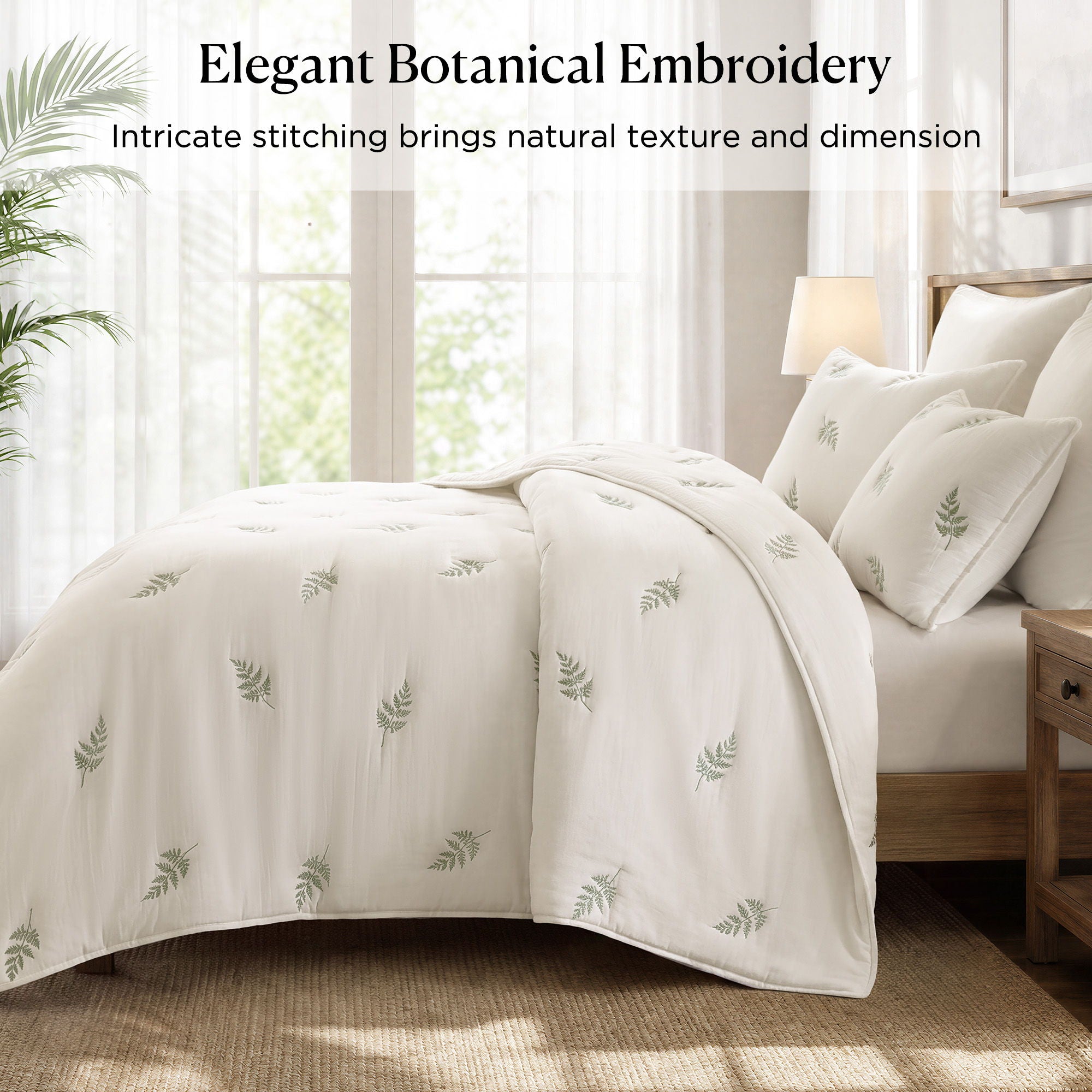 Willow Embroidered Botanical - Full/Queen 100% Cotton Lightweight 3 Piece Quilt Set - White / Sage