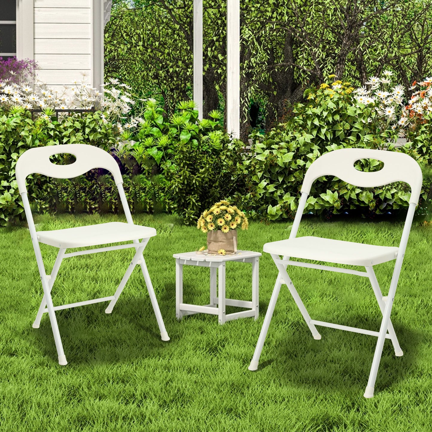 Folding Chairs, Stackable & Waterproof (Set of 4) - White